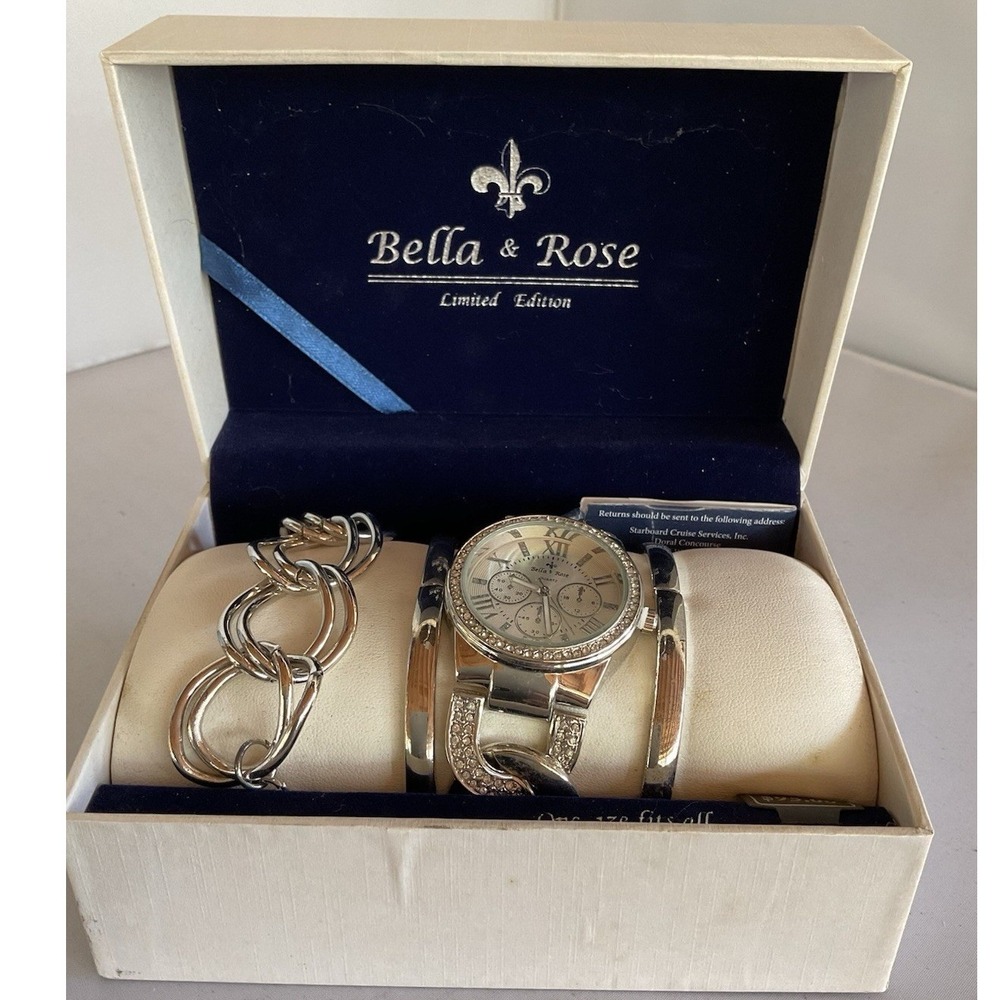 Bella & Rose Limited Edition Watch And Bracelet Set Silver Tone Match Bracelets